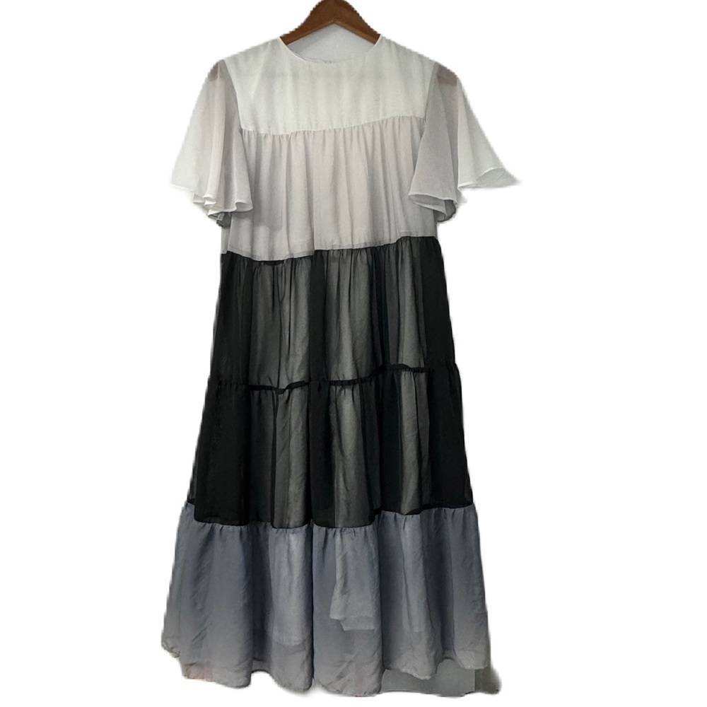 Carlucci kids xxl white gray black tiered color block dress ruffle short sleeve - Picture 2 of 9